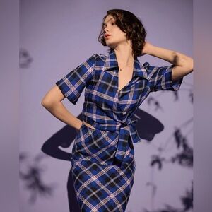 NWT bul BADA TOP BLUE/ PURPLE CHECK size AU 10 natural linen current style US 6